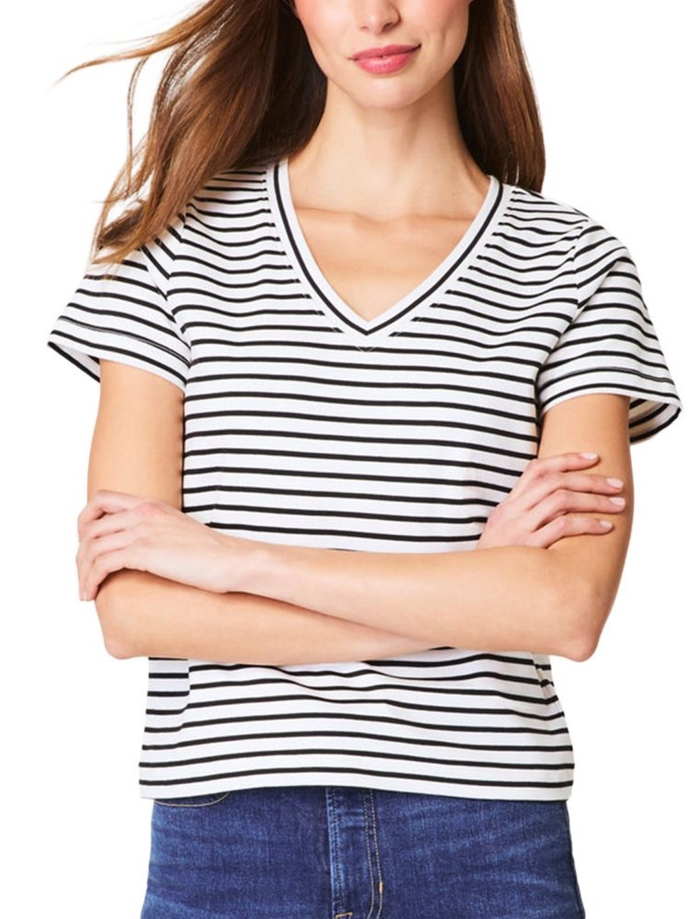 Spanx Cool Cotton V Neck Tee Black White Striped Medium NWT